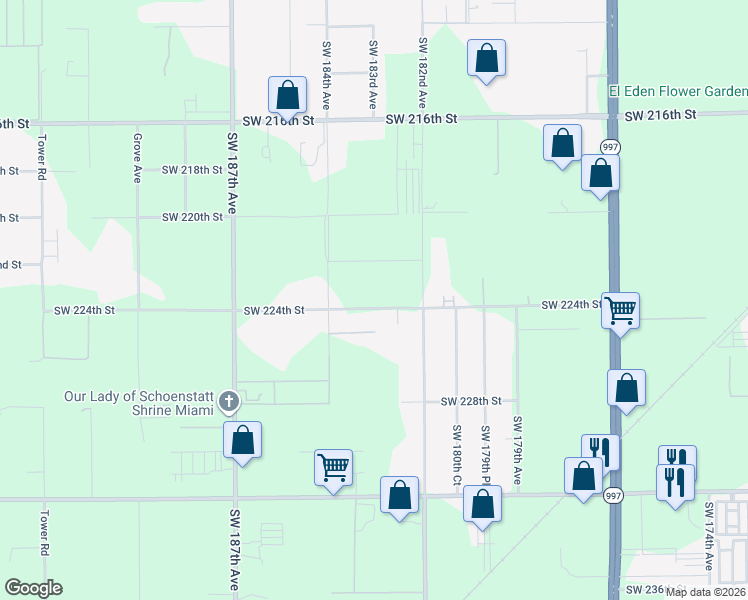 map of restaurants, bars, coffee shops, grocery stores, and more near 26925 Southwest 197th Avenue in Homestead