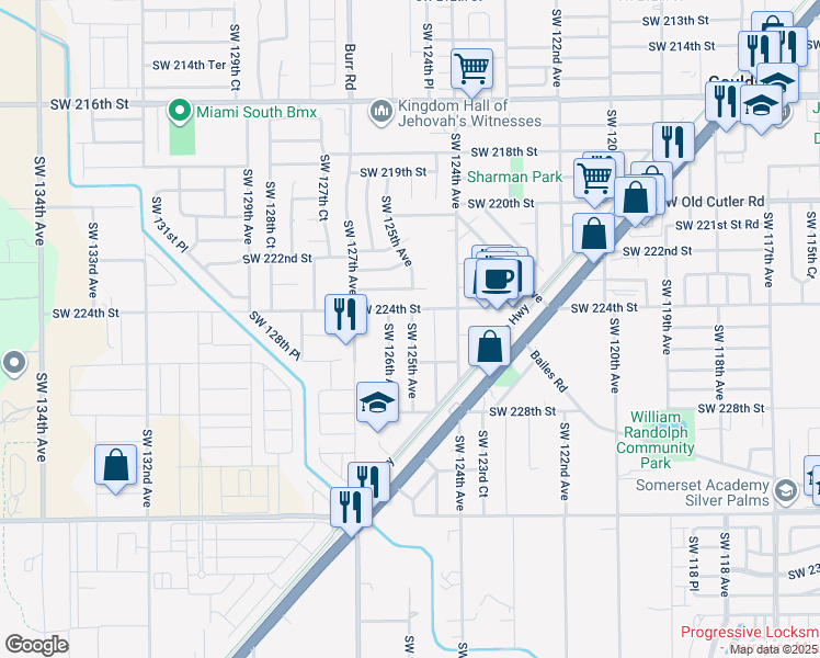 map of restaurants, bars, coffee shops, grocery stores, and more near 12490 Southwest 224th Street in Miami