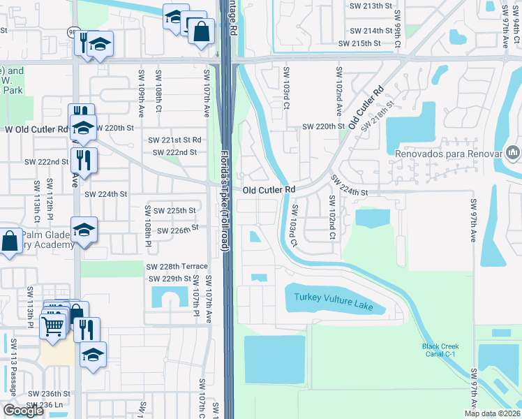 map of restaurants, bars, coffee shops, grocery stores, and more near 10395 Southwest 225th Terrace in Miami