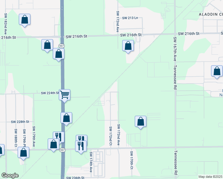 map of restaurants, bars, coffee shops, grocery stores, and more near 17235 Southwest 224th Street in Miami