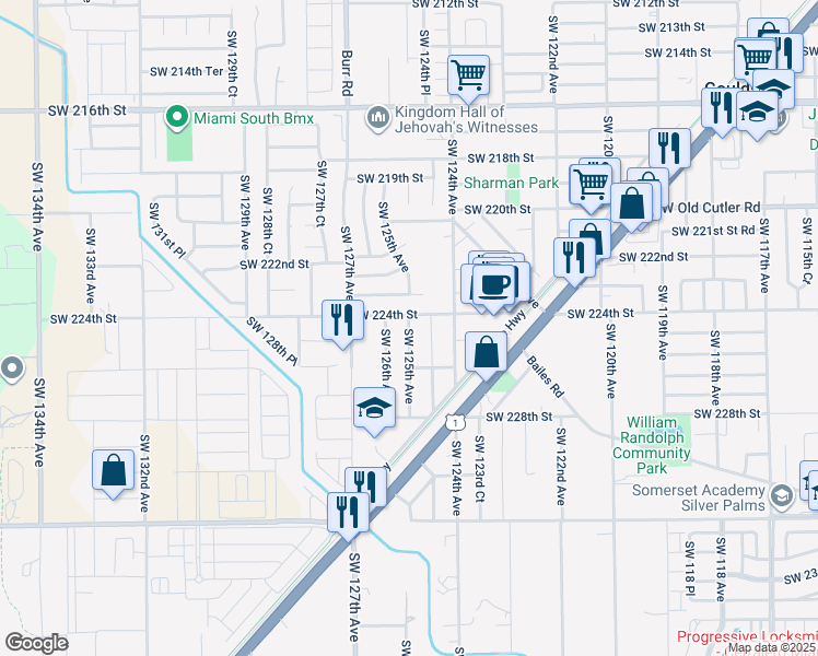 map of restaurants, bars, coffee shops, grocery stores, and more near 12490 Southwest 224th Street in Miami