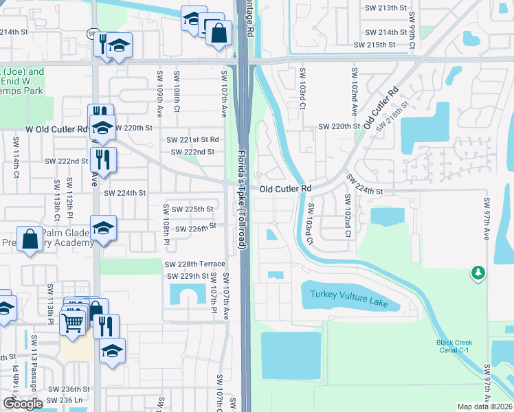 map of restaurants, bars, coffee shops, grocery stores, and more near 22465 Southwest 105th Court in Miami