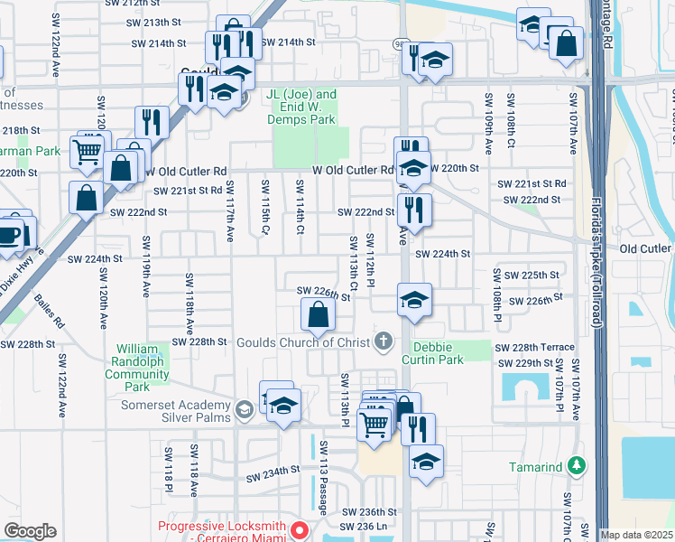 map of restaurants, bars, coffee shops, grocery stores, and more near 9409 Southwest 225th Street in Miami