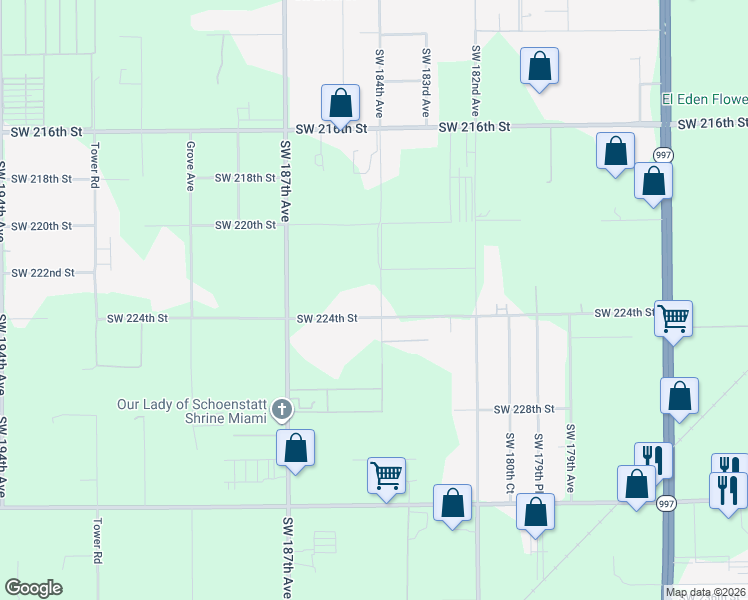 map of restaurants, bars, coffee shops, grocery stores, and more near 22300 Southwest 184th Avenue in Miami