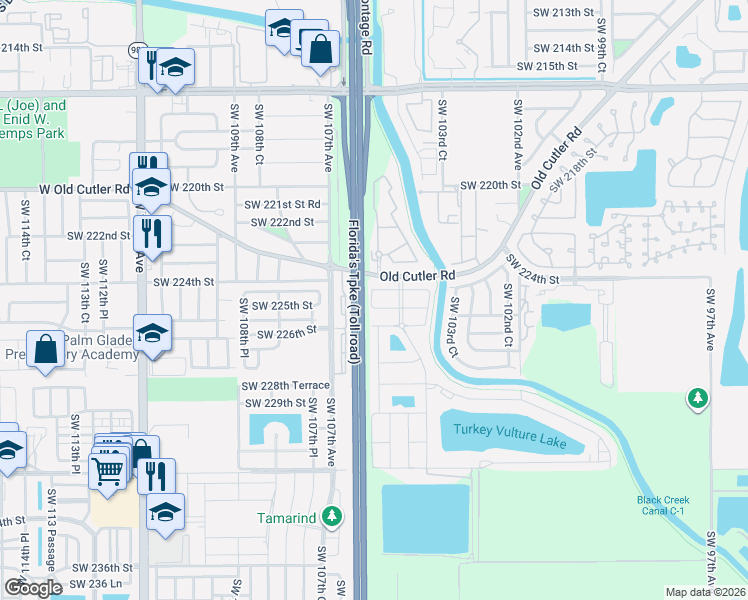 map of restaurants, bars, coffee shops, grocery stores, and more near 22505 Southwest 105th Court in Miami