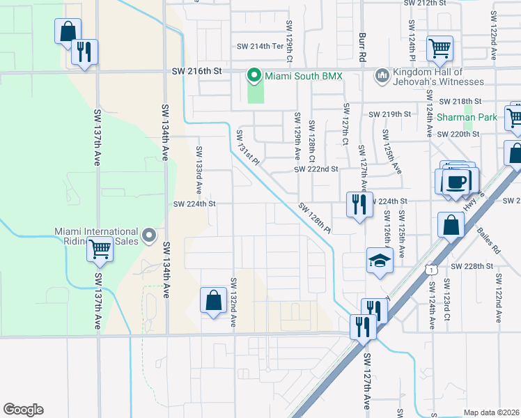 map of restaurants, bars, coffee shops, grocery stores, and more near 13030 Southwest 224th Street in Miami