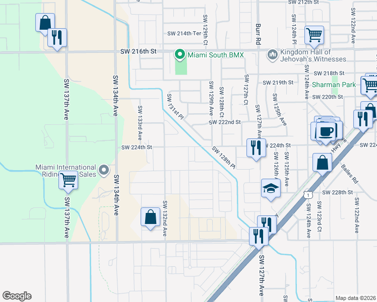 map of restaurants, bars, coffee shops, grocery stores, and more near 13030 Southwest 224th Street in Miami