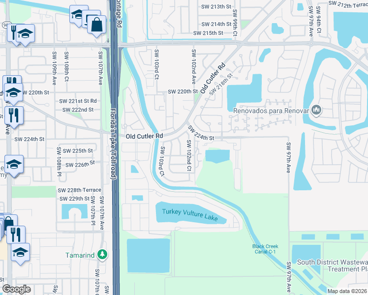 map of restaurants, bars, coffee shops, grocery stores, and more near 22526 Southwest 102nd Court in Cutler Bay