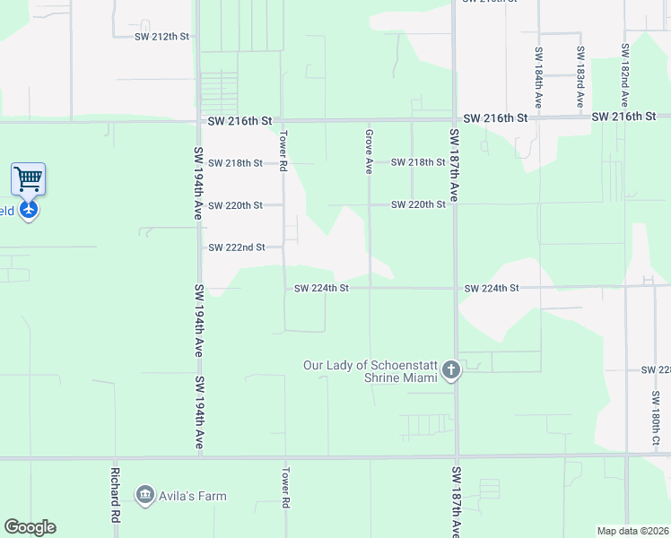 map of restaurants, bars, coffee shops, grocery stores, and more near 18975 Southwest 224th Street in Miami