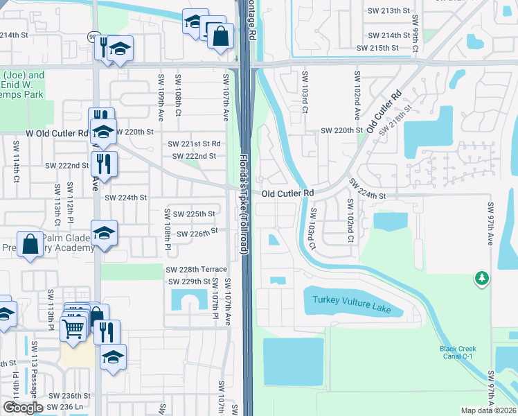 map of restaurants, bars, coffee shops, grocery stores, and more near 22465 Southwest 105th Court in Miami