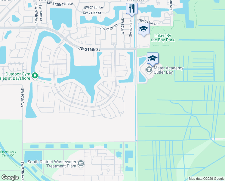 map of restaurants, bars, coffee shops, grocery stores, and more near 8888 Southwest 224th Terrace in Cutler Bay