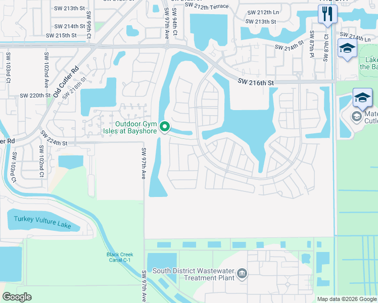 map of restaurants, bars, coffee shops, grocery stores, and more near 22455 Southwest 94th Place in Cutler Bay