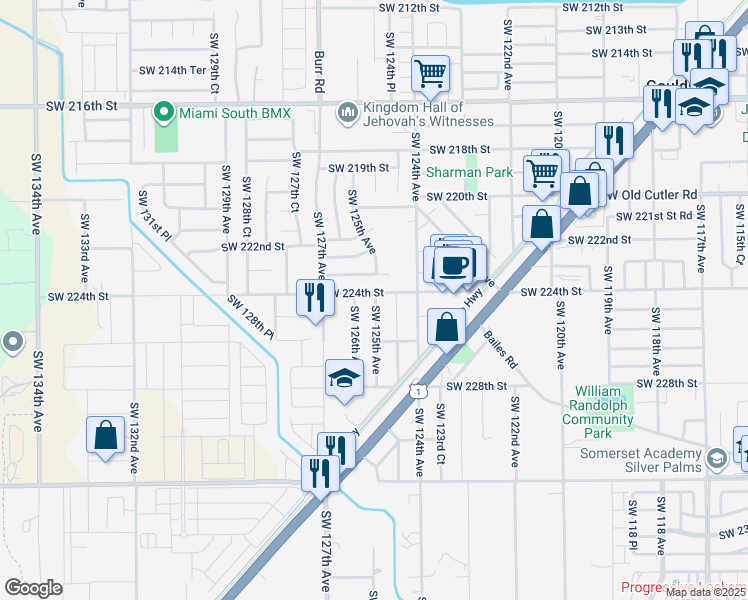 map of restaurants, bars, coffee shops, grocery stores, and more near 12490 Southwest 224th Street in Miami