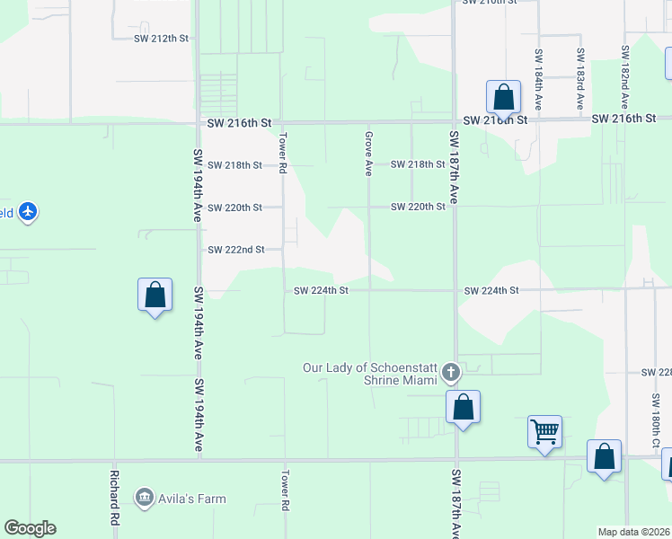 map of restaurants, bars, coffee shops, grocery stores, and more near 18975 Southwest 224th Street in Miami