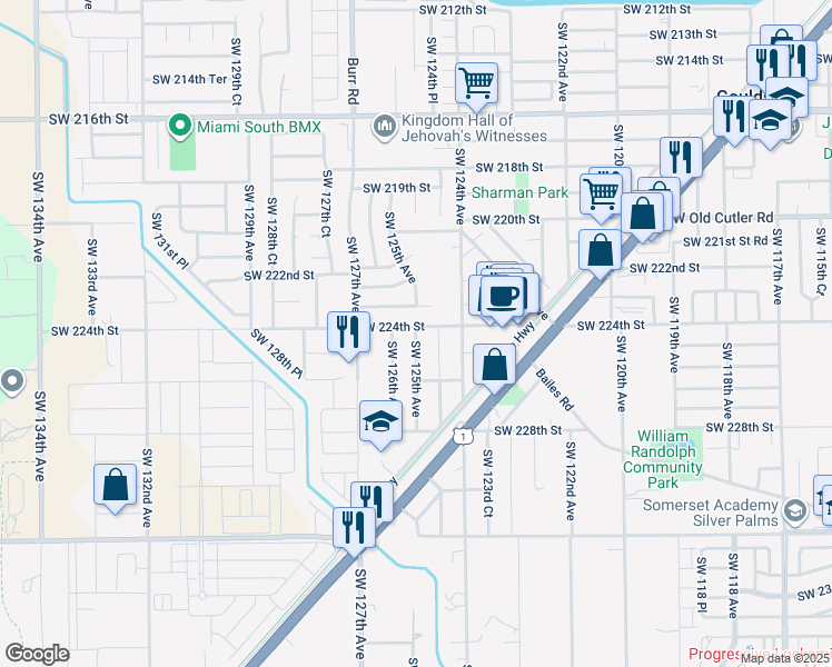 map of restaurants, bars, coffee shops, grocery stores, and more near 12490 Southwest 224th Street in Miami