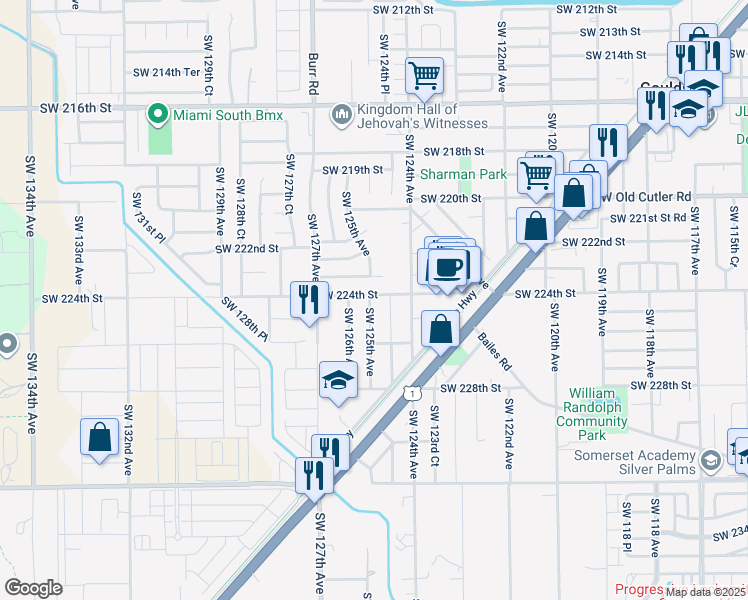 map of restaurants, bars, coffee shops, grocery stores, and more near 12490 Southwest 224th Street in Miami