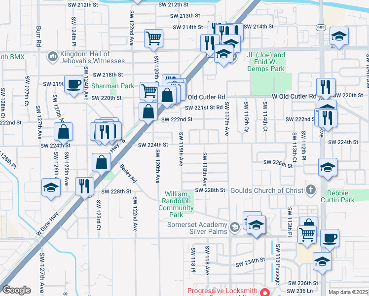 map of restaurants, bars, coffee shops, grocery stores, and more near 11840 Southwest 224th Street in Goulds