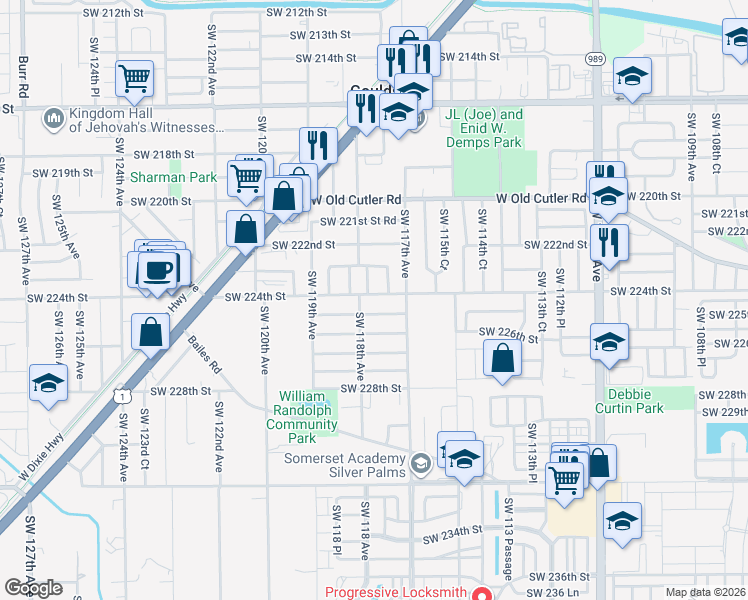 map of restaurants, bars, coffee shops, grocery stores, and more near 11770 Southwest 224th Street in Miami