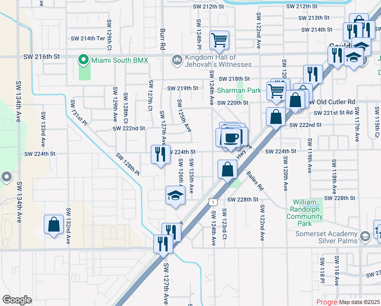 map of restaurants, bars, coffee shops, grocery stores, and more near 12490 Southwest 224th Street in Miami