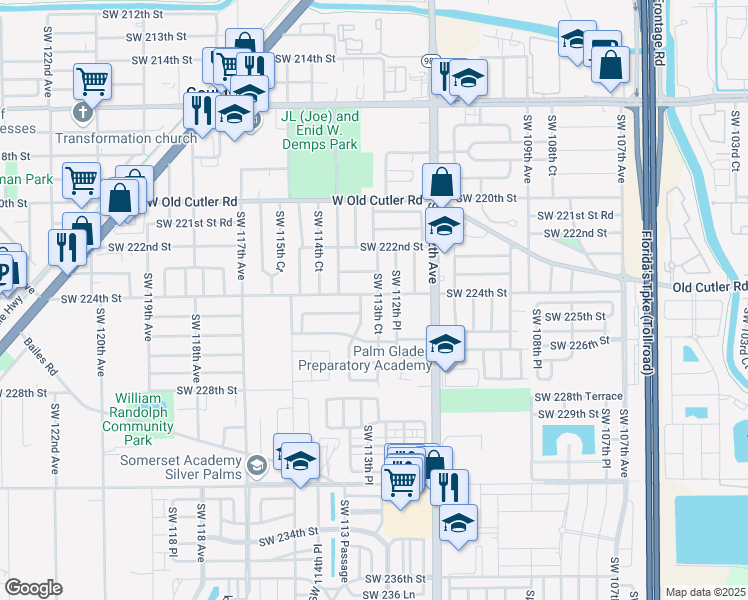 map of restaurants, bars, coffee shops, grocery stores, and more near 22400 Southwest 113th Court in Miami