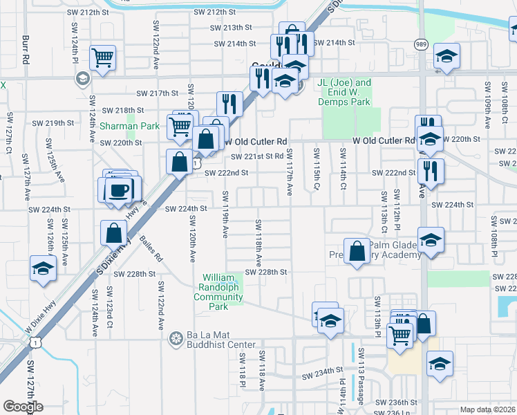 map of restaurants, bars, coffee shops, grocery stores, and more near 11770 Southwest 224th Street in Miami
