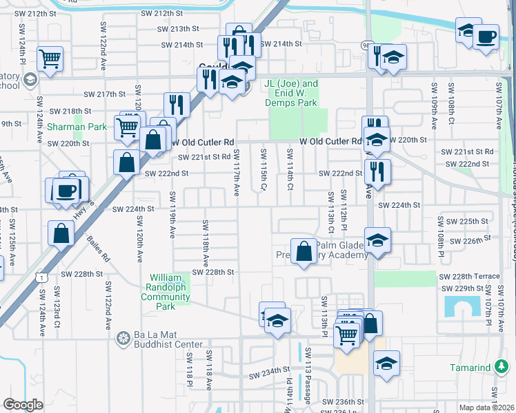 map of restaurants, bars, coffee shops, grocery stores, and more near 12200 Southwest 224th Street in Miami