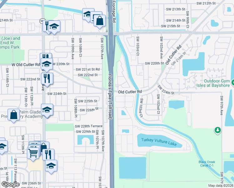 map of restaurants, bars, coffee shops, grocery stores, and more near 22465 Southwest 105th Court in Miami