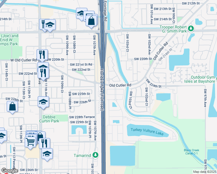 map of restaurants, bars, coffee shops, grocery stores, and more near 22465 Southwest 105th Court in Miami