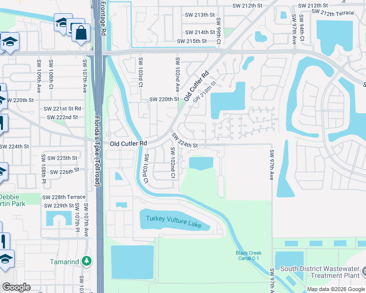map of restaurants, bars, coffee shops, grocery stores, and more near 22433 Southwest 102nd Avenue in Miami