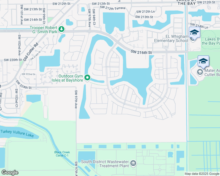 map of restaurants, bars, coffee shops, grocery stores, and more near 22501 Southwest 93rd Passage in Cutler Bay