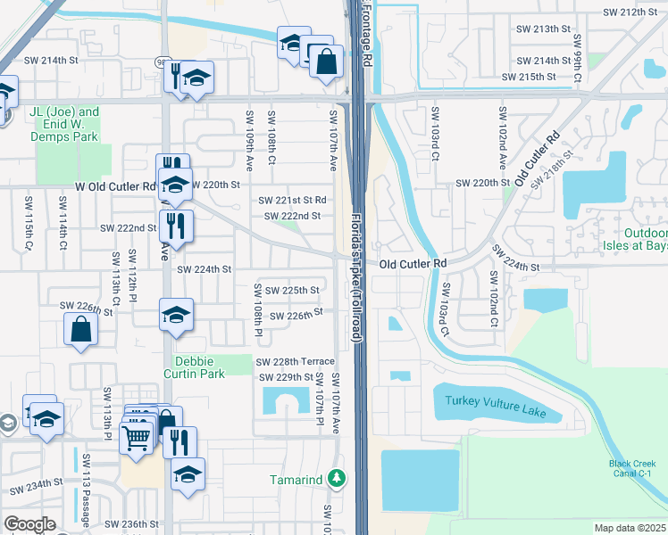 map of restaurants, bars, coffee shops, grocery stores, and more near 22555 Southwest 107th Avenue in Goulds