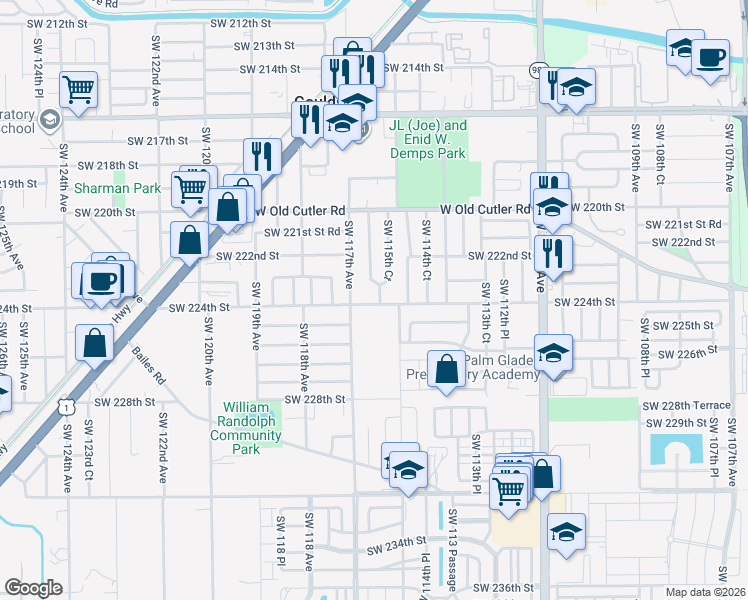 map of restaurants, bars, coffee shops, grocery stores, and more near 11553 Southwest 224th Street in Goulds