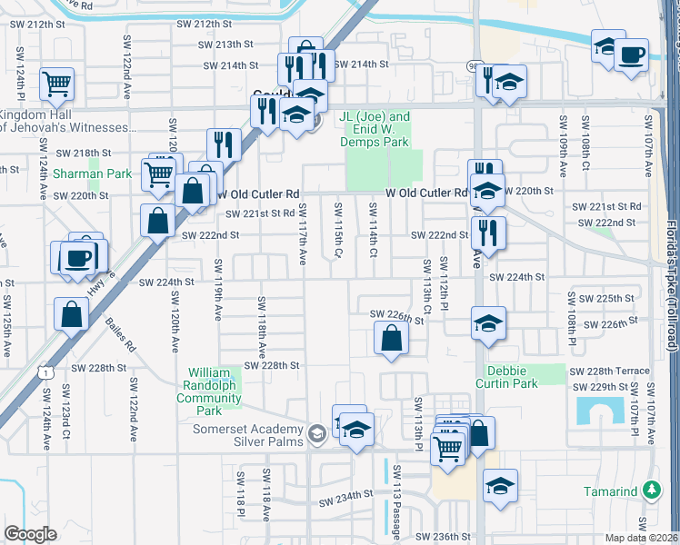 map of restaurants, bars, coffee shops, grocery stores, and more near 11545 Southwest 224th Street in Miami