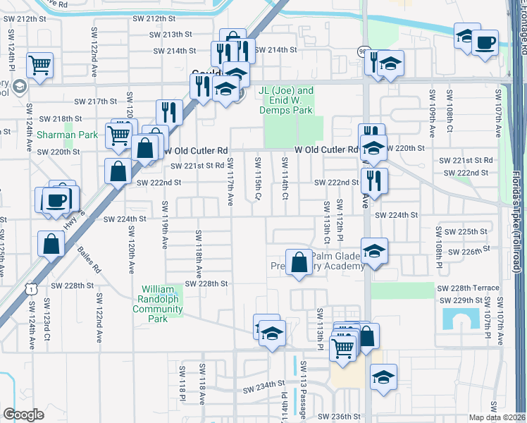 map of restaurants, bars, coffee shops, grocery stores, and more near 22240 Southwest 115th Court in Miami