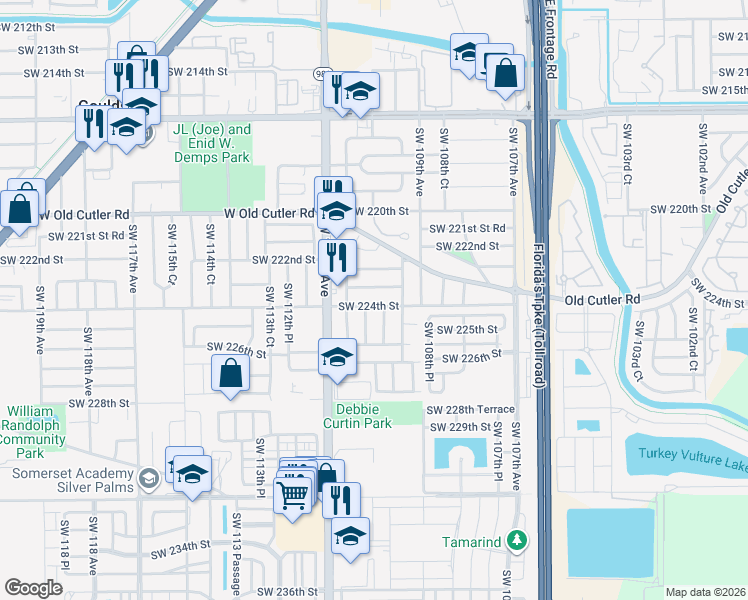 map of restaurants, bars, coffee shops, grocery stores, and more near 11011 Southwest 224th Street in Miami