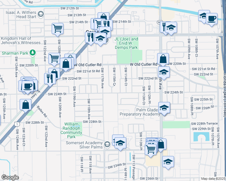 map of restaurants, bars, coffee shops, grocery stores, and more near 22240 Southwest 115th Court in Miami