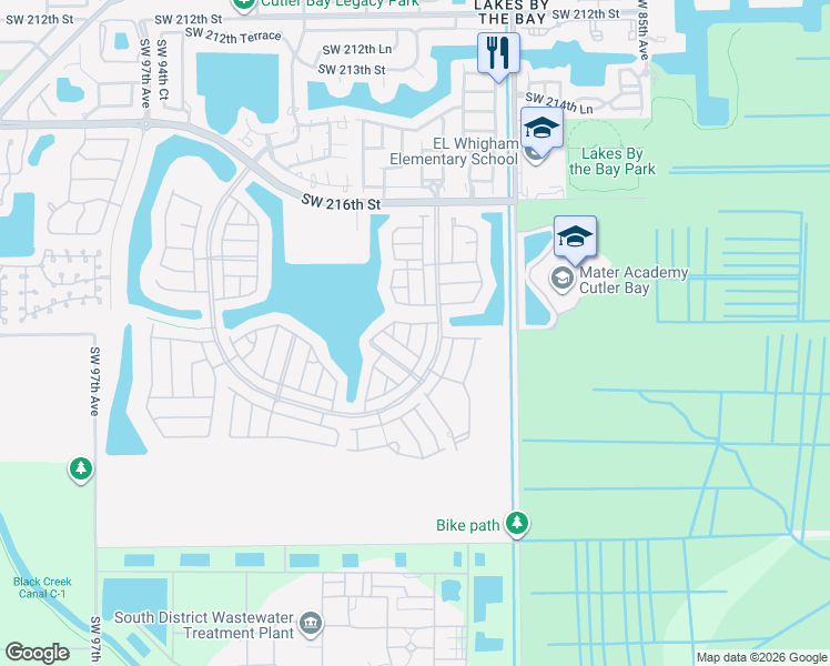 map of restaurants, bars, coffee shops, grocery stores, and more near 8904 Southwest 223rd Terrace in Cutler Bay