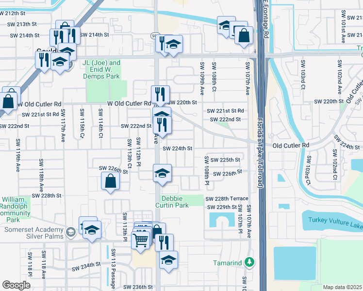 map of restaurants, bars, coffee shops, grocery stores, and more near 10995 Southwest 223rd Street in Miami