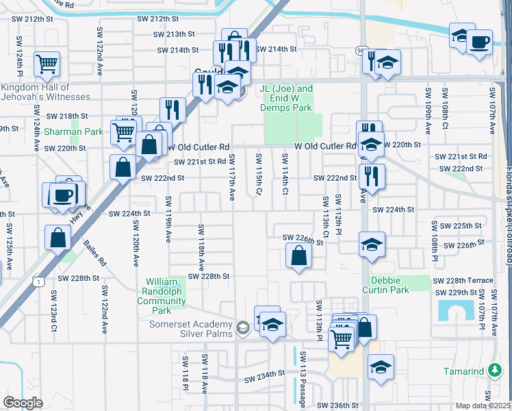 map of restaurants, bars, coffee shops, grocery stores, and more near 22240 Southwest 115th Court in Miami