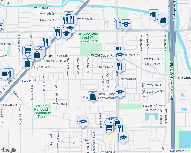 map of restaurants, bars, coffee shops, grocery stores, and more near 24205 Southwest 113th Avenue in Miami