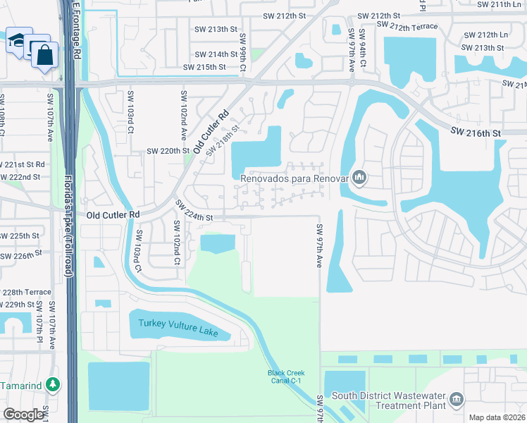 map of restaurants, bars, coffee shops, grocery stores, and more near 22246 Southwest 98th Place in Cutler Bay