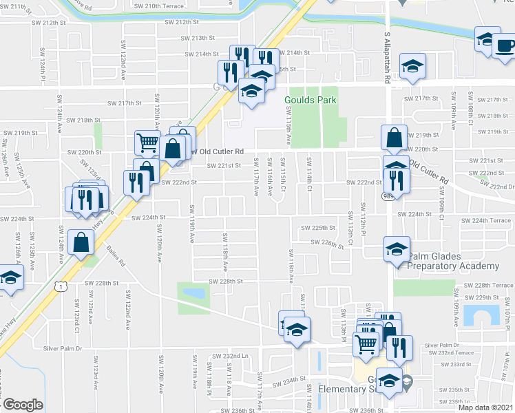 map of restaurants, bars, coffee shops, grocery stores, and more near 22305 Southwest 117th Avenue in Goulds