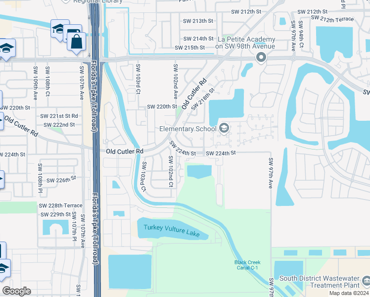 map of restaurants, bars, coffee shops, grocery stores, and more near 22310 Southwest 101 Avenue Road in Cutler Bay