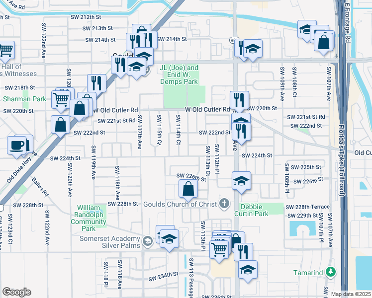 map of restaurants, bars, coffee shops, grocery stores, and more near 22221 Southwest 114th Avenue in Goulds