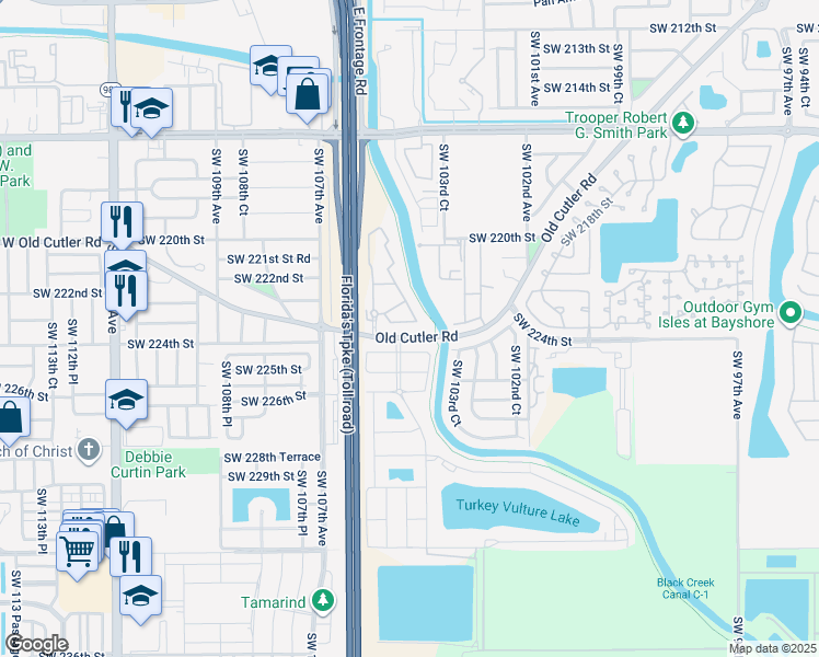 map of restaurants, bars, coffee shops, grocery stores, and more near 10409 Old Cutler Road in Miami