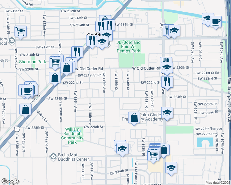 map of restaurants, bars, coffee shops, grocery stores, and more near 22240 Southwest 115th Court in Miami