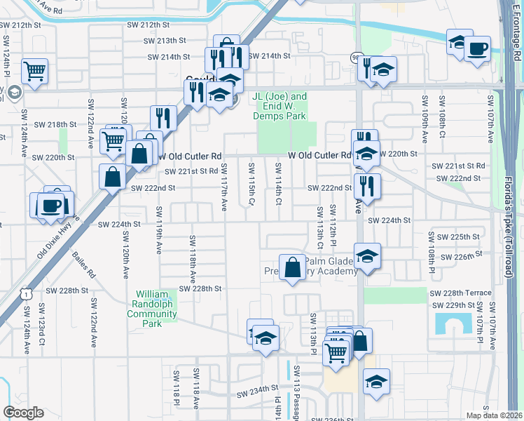 map of restaurants, bars, coffee shops, grocery stores, and more near 22230 Southwest 114th Court in Goulds