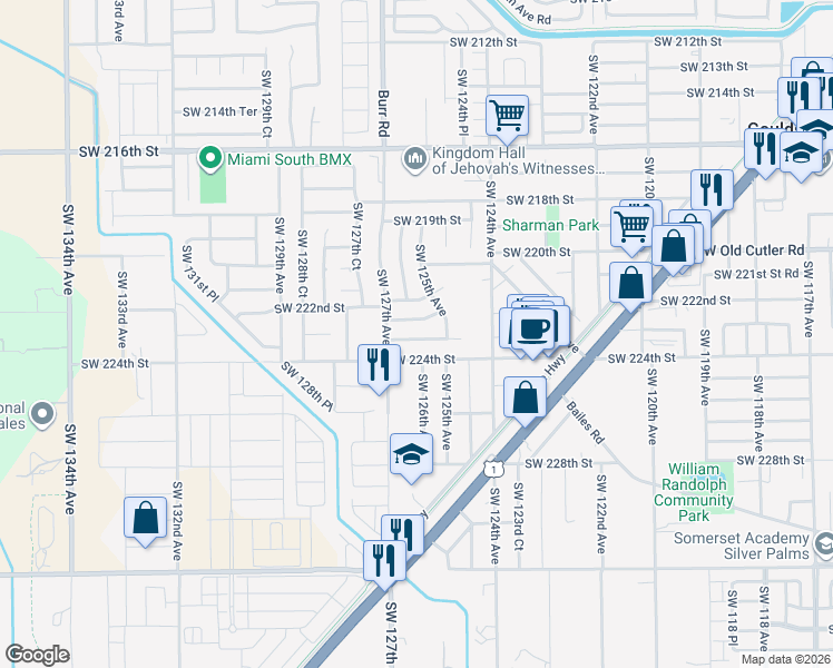map of restaurants, bars, coffee shops, grocery stores, and more near 12600 Southwest 222nd Terrace in Miami