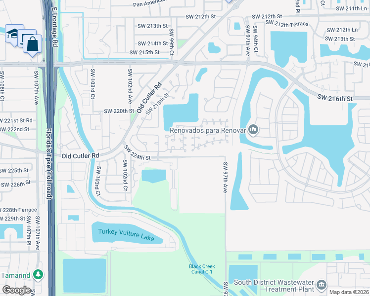 map of restaurants, bars, coffee shops, grocery stores, and more near 9945 Southwest 223rd Terrace in Cutler Bay
