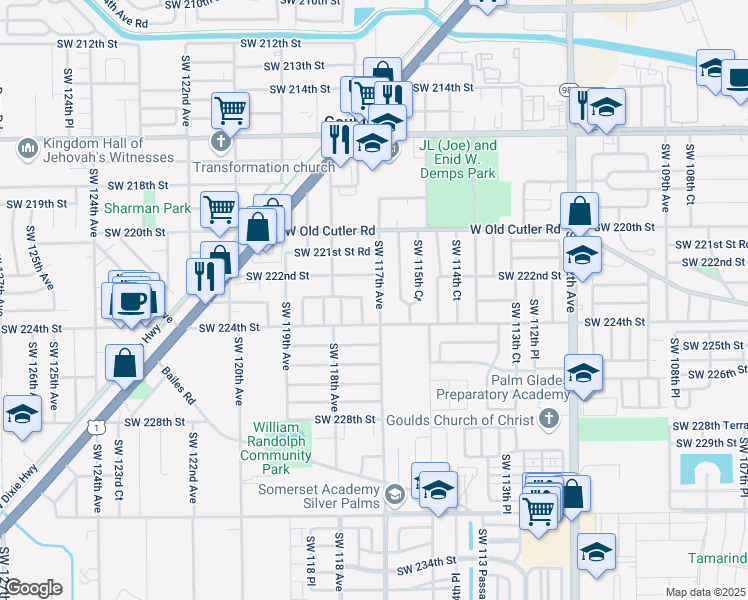map of restaurants, bars, coffee shops, grocery stores, and more near 22310 Southwest 117th Avenue in Miami